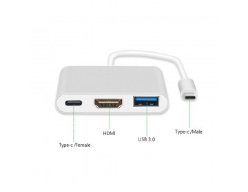 Adapter Typ C na HDMI 4K2K, USB, Typ C metalowy 0,25 metra biały