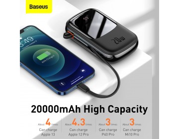 Baseus power bank 20000mAh Qpow Pro USB + Typ C PD 20W z kablem Lightning PPQD060201 czarny